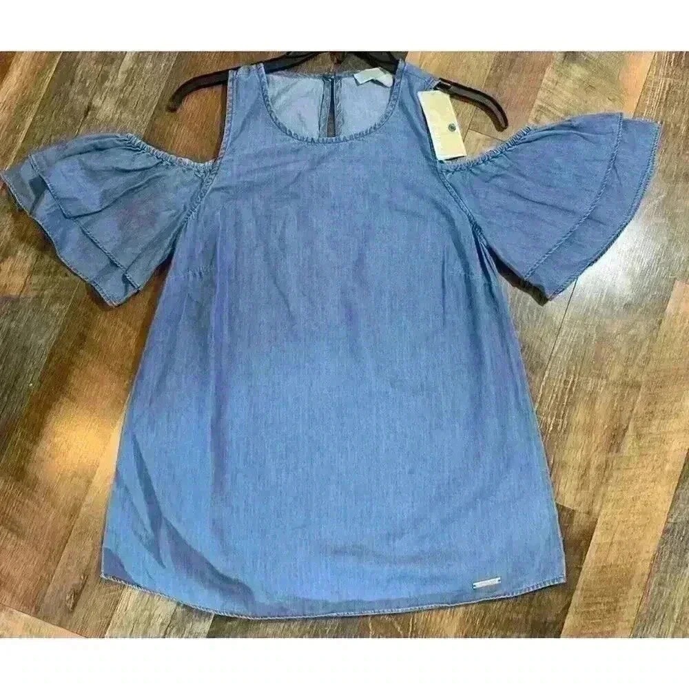 Michael Kors Women's Light Blue Denim Tiered-Sleeve Cold-Shoulder Top Size S